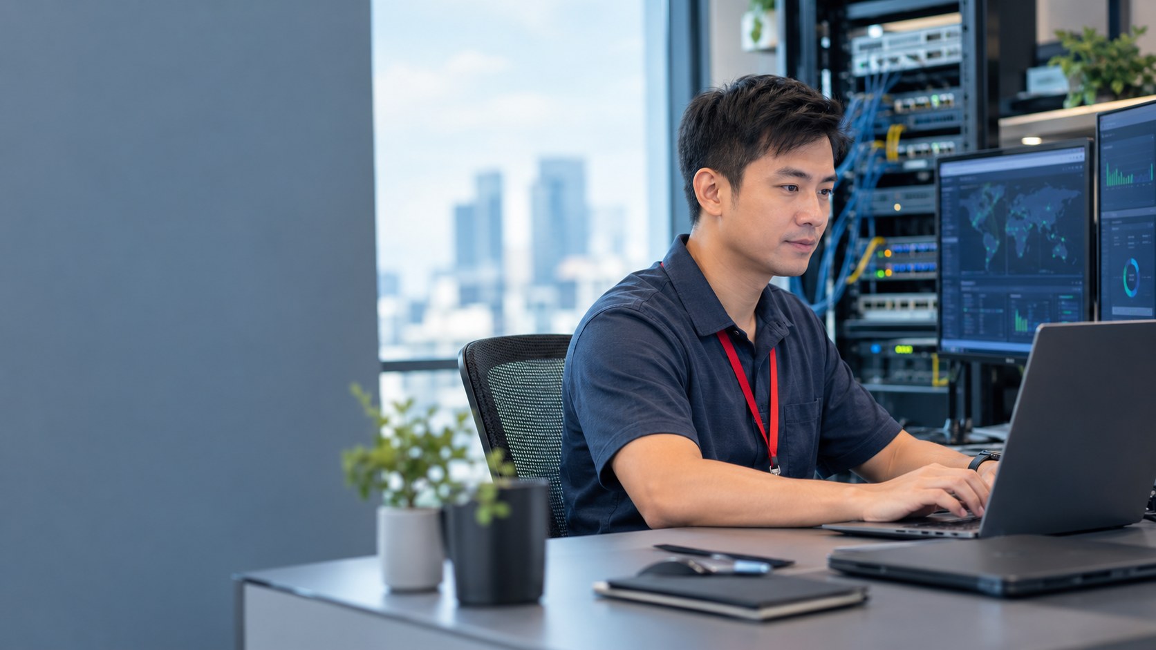 Canopy Technology support engineer monitoring network security dashboards in a Singapore office
